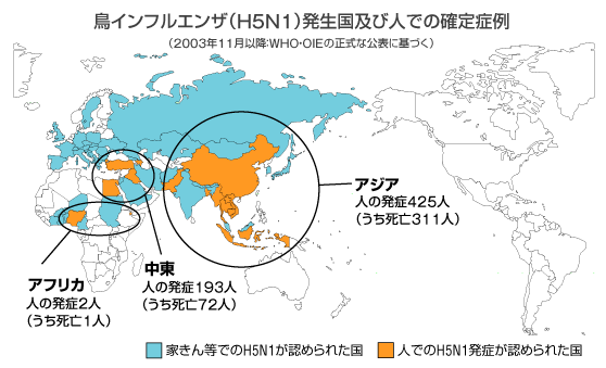 鳥インフルエンザ（H5N1）発生国及び人での確定事例